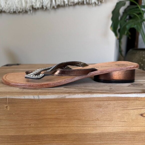 Athena Alexander Metallic Brown Rhinestone Embellished Low Heeled Thing Sandal - Picture 5 of 13